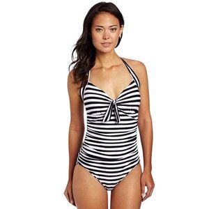 Seafolly Womens Halter One-Piece Swimsuit Black & White Striped Size 8 modest
